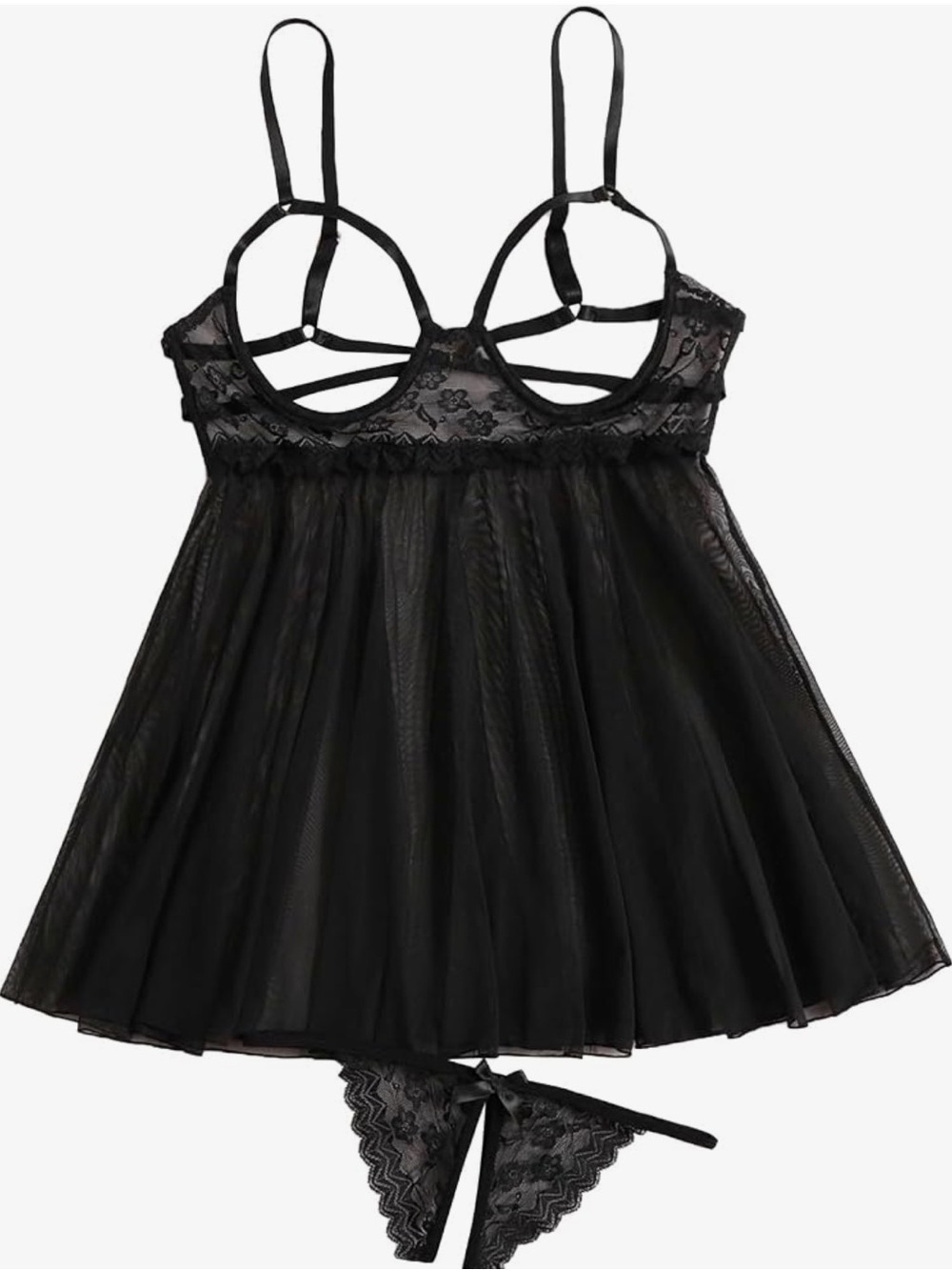 Sheer Black Lace Babydoll Nightdress with Strappy Cups